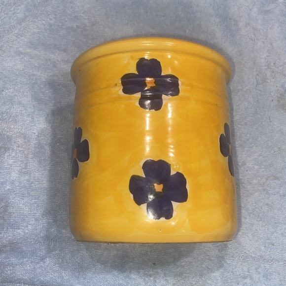 Lamas Pottery Utensil Holder Crock Hand Made Italy 6x5.5” Yellow w/ Blue Flowers - Picture 5 of 9